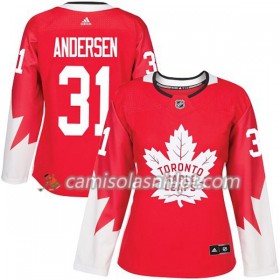 Camisola Toronto Maple Leafs Frederik Andersen 31 Adidas 2017-2018 Vermelho Alternate Authentic - Mulher